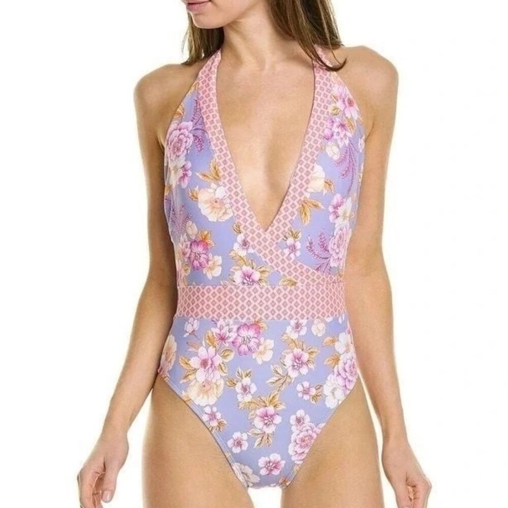 Nannete Lepore Purple Floral Plunging One Piece Swimsuit